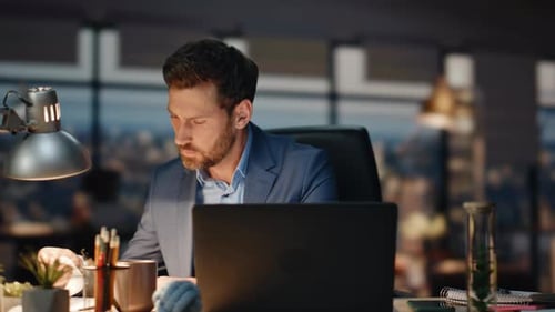 Businessman Video Chatting Laptop in Night View Office Closeup Man Videocall