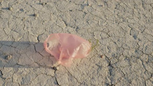Una bolsa de plástico vuela en tierra seca: desastre ambiental