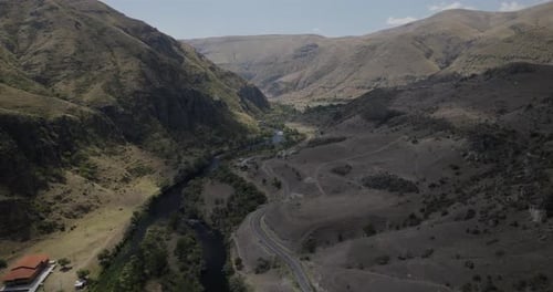Aerial view of river and mountains, Georgia.