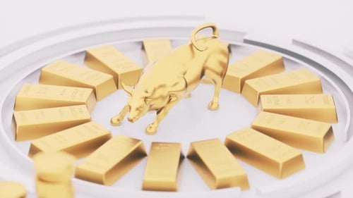 Wall Street Charging Bull vs Gold Economic Background