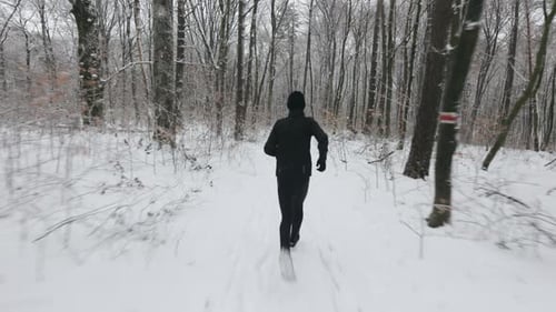 Male Athlete Having Trail Running During at Winter Forest