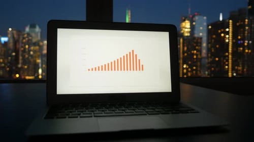 Betrachten von Diagrammen, Diagrammen auf dem Laptop-Bildschirm, Analyse des Geschäftswachstums