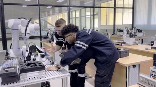 Young Adults Programming Robotic Arm in Classroom