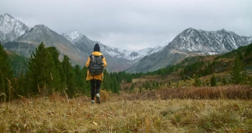 Woman Hiker Walking in Mountain Valley Enjoying Stunning Autumn Landscape