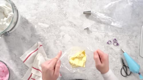 Flat Lay Step By Step Transfering Meringue Mix Into Piping Bags with Metal Tips to Bake Unicorn