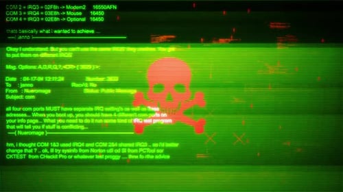 Retro Glitch Computer Terminal Screen with Warning Skull