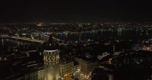 Istanbul Turkey Aerial v19 cinematic drone fly around historical landmark galata tower capturing eur