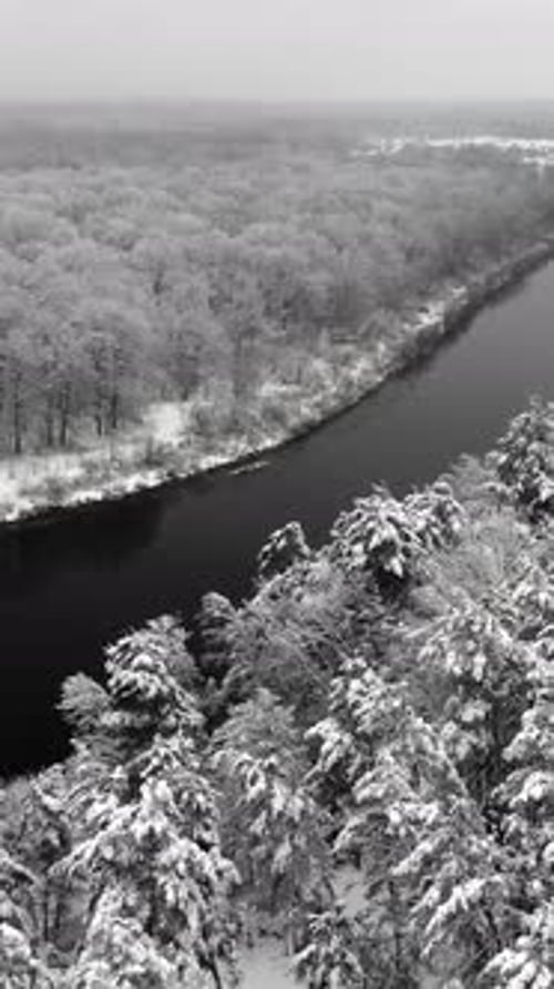 Aerial View of Dark River Flowing Through Snow Covered Winter Forest During Snowfall
