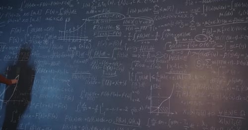 Fast Motion of Senior Woman Scientist Writing on Chalkboard Wall Focused on Science Development