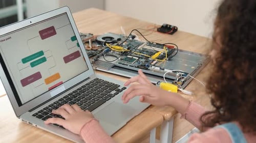 Back view of smart american girl coding engineering prompt at class. Pedagogy.