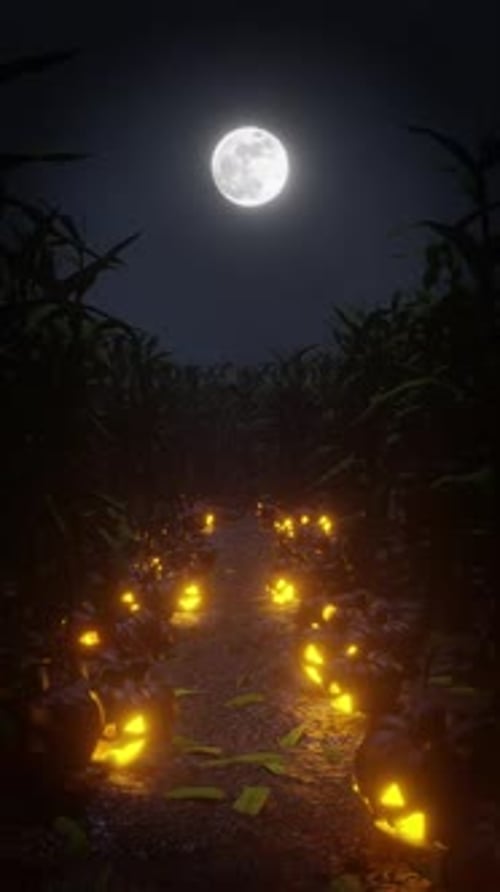 Glowing Jack O' Lanterns Lighting A Moonlit Corn Maze On Halloween Night Portrait