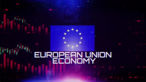 European Union Economy With Decrease Bar Chart Graph And Arrow Red