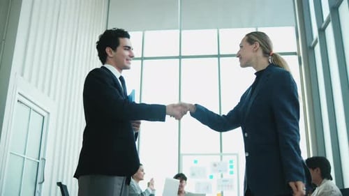 Business People Handshake in Modern Bright Office