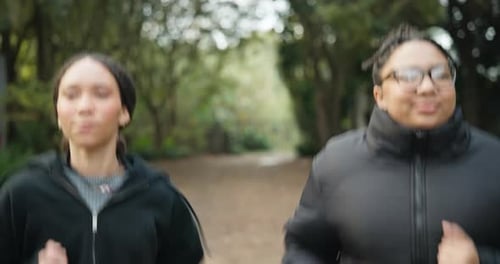 Fitness, forest and friends running together for outdoor exercise, workout