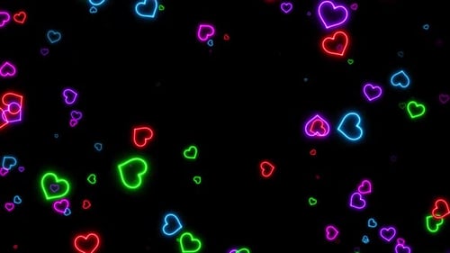 Mehrfarbiger Hintergrund mit Neonherzen und fliegenden Partikeln, Loop V2