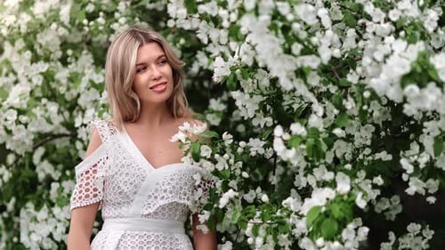 Portrait Natural Beauty Female Posing Spring Garden Fresh Aroma Blossom White Flowers Apple Tree