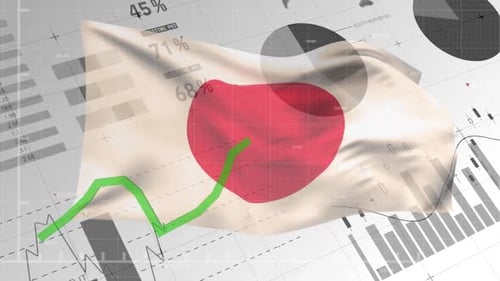 Animation of financial statistics recording over flag of japan waving