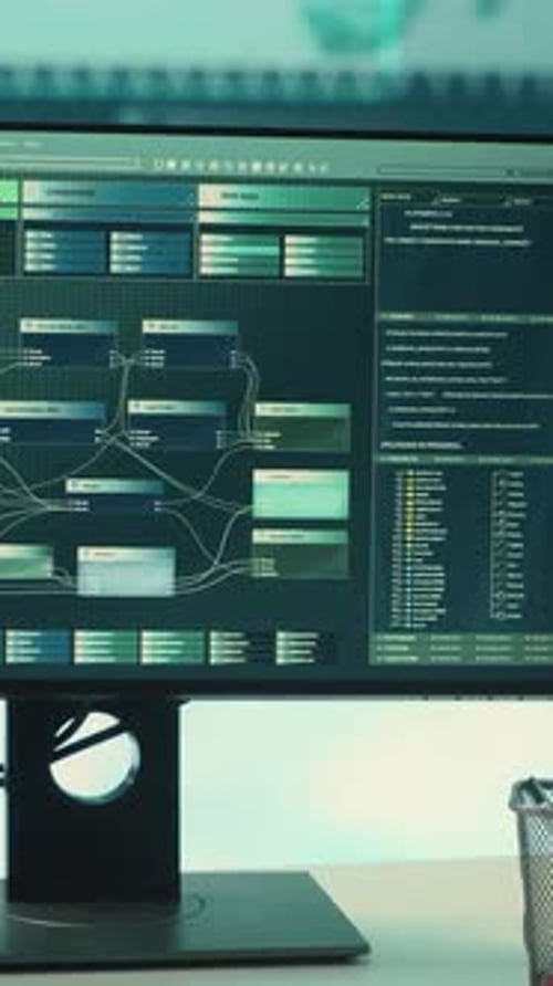 Vertical Video Cyber Security Monitoring Room with High Tech Equipment