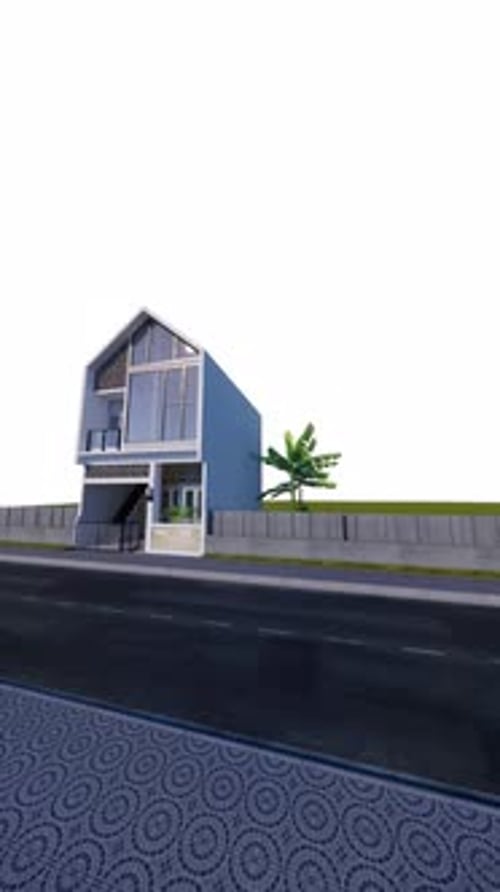 Casa con techo ancho a dos aguas 3D ArchViz: espaciosa cochera y detalles en piedra natural
