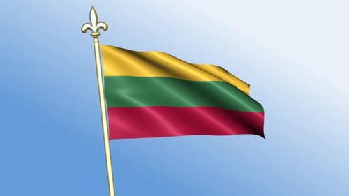 Lithuania National Flag Waving on Golden Pole Animation Loop