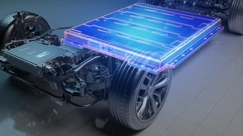Electric Vehicle Chassis with Holographic Battery Pack Animation