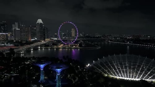Fly over Supertree Grove and Flower Dome towards Singapore Flyer at night