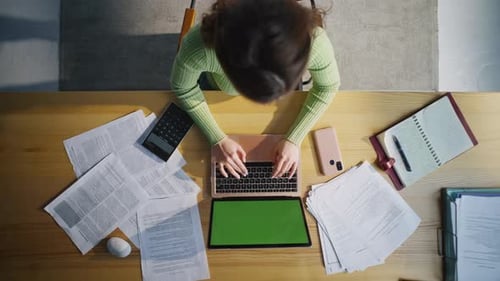 Accountant Working Mockup Laptop Top View Woman Examining Documents Closeup