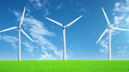 Wind Turbines Farm at Beautiful Blue Sky Background Ecologic Energy Generators on Cloud Mountain