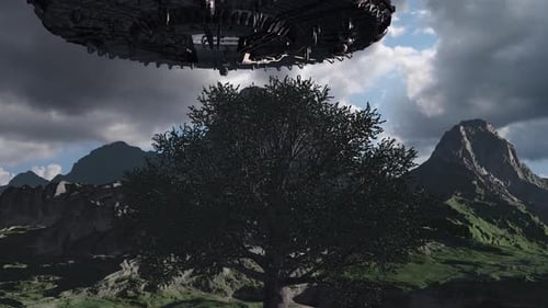 Alien ship over forest mountain