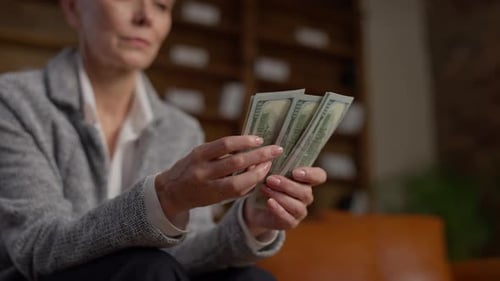 Woman Counts US Dollars, Indoor Setting