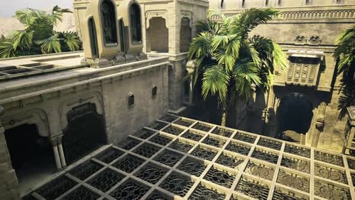 Sunshine Illuminates Carved Stone Courtyard with Textured Patterned Architecture