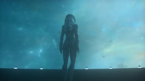 Alone woman astronaut in futuristic spaceship, room. View of the beautiful star galaxy