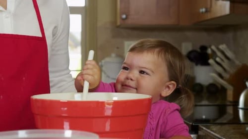 Cute Toddler Mixing Ingredients in Bowl with Mother