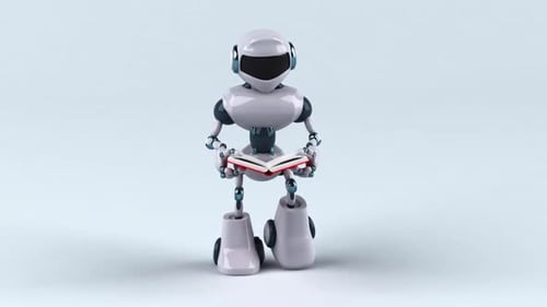 Animated 3D Robot Character Reading Book Walking Loop