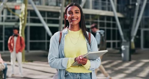 Face, woman and smile of student at university for education, learning or knowledge at campus