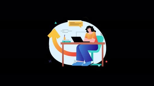 Person working on a laptop at a desk with colorful graphics