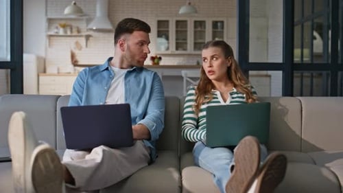 Home Friends Browsing Computers at Couch Place Exhausted Lady Closing Device