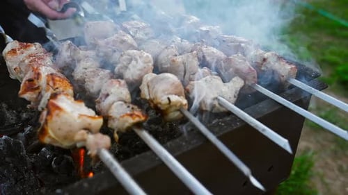 BBQ on skewers. Pork meat and vegetables being grilled on the coils. Man turns skewers and camera sp