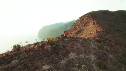 Person stands near the edge of a rocky hill at dusk, with a sweeping view of the coastline and dista