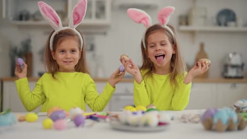 Twins Children Celebrate Easter Smiling Granddaughters Girls Twins Grandchildren Wearing Rabbit