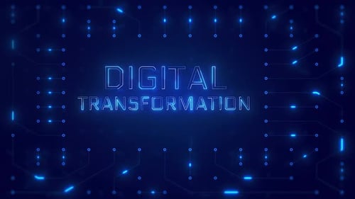 Digital Transformation Word Text with neon circuit board design or computer semiconductor design