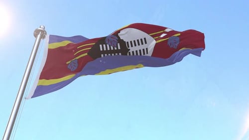 Waving Flag of Eswatini against a Blue Sky