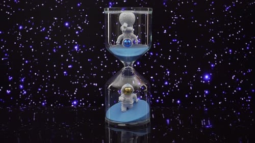 Astronaut Hourglass with Blue Sand and Sparkling Space Background