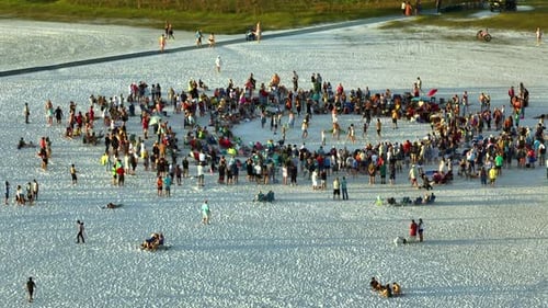 Grand groupe de personnes réunies en cercle pour danser et s'amuser sur une plage de sable au bord de la mer pendant