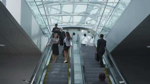 Business Professionals Commuting on Escalators in Modern Building
