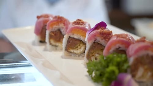 Beauty shot of completed sushi roll, HD