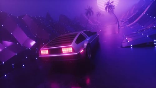 Hintergrund im Synth-Wave-Stil: Autofahren bei Nacht, neblige Straße mit Landschaft