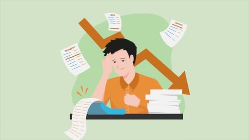 worried man with too many bills to pay, bankruptcy, financial crisis, taxes 4k animation