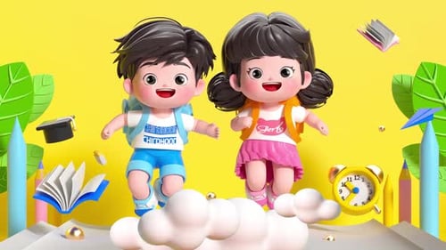 3D cartoon character animation of a boy carrying a bag and going to school