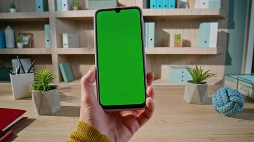 Lady Hands Using Chromakey Smartphone for Online Communication at Office Closeup